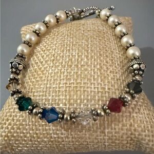 Estate Sterling Silver Beaded Crystal Pearl Cross Toggle Bracelet